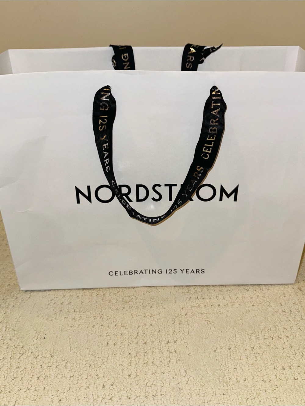 Nordstrom Logo White Paper Gift Bag Celebrating 125 Years Black Ribbon 16x12x6 L